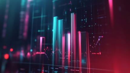 Leinwandbilder - A D bar chart with metallic, gradient bars rising from a financial graph, showing growth and progress, with a modern digital interface in the background