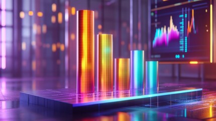 Leinwandbilder - A D bar chart with metallic, gradient bars rising from a financial graph, showing growth and progress, with a modern digital interface in the background