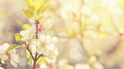 Wall Mural - Delicate white flowers bloom on branch, surrounded by soft sunlight and dreamy bokeh background, creating serene and peaceful atmosphere