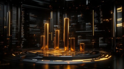 Poster - A D bar chart with metallic, gradient bars rising from a financial graph, showing growth and progress, with a modern digital interface in the background