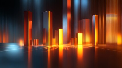 Poster - A D financial bar chart with sleek, glowing bars rising dramatically against a dark backdrop, with subtle light effects highlighting the data