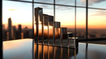 Poster - A D stacked bar chart with metallic bars in ascending order, placed on a reflective surface, highlighting financial progress in a clean, minimalist design