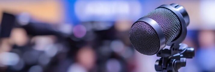 Leinwandbilder - Close up of microphone ready for live event with cameras in background during a conference. Generative AI