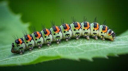 Aufkleber - A close-up of a caterpillar crawling on a green leaf, highlighting its unique patterns and textures, with soft natural lighting enhancing the colors