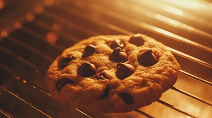 Poster - A close-up of a chocolate chip cookie with gooey chocolate chips, fresh out of the oven, set on a cooling rack with a warm, inviting glow