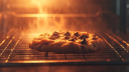 Poster - A close-up of a chocolate chip cookie with gooey chocolate chips, fresh out of the oven, set on a cooling rack with a warm, inviting glow