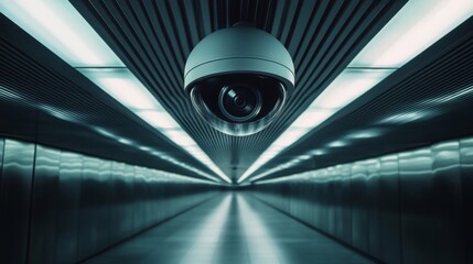 Aufkleber - A close-up of a dome-shaped security camera on a smooth metal ceiling inside a sleek, futuristic building corridor