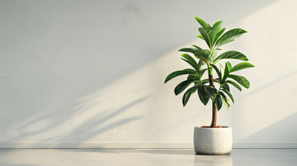 Wall Mural - potted plant stands elegantly in minimalist room, casting soft shadows on wall. vibrant green leaves contrast beautifully with neutral background, creating serene atmosphere