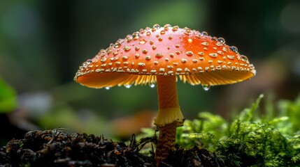 Poster - A close-up of a mushroom stem with tiny water droplets on its surface, set against a blurred background of dark earth and surrounding vegetation