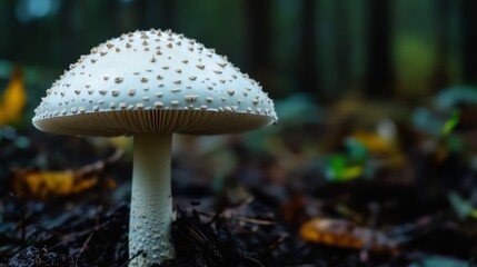 Poster - A close-up of a mushroom stem with tiny water droplets on its surface, set against a blurred background of dark earth and surrounding vegetation