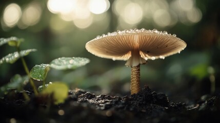 Poster - A close-up of a mushroom stem with tiny water droplets on its surface, set against a blurred background of dark earth and surrounding vegetation