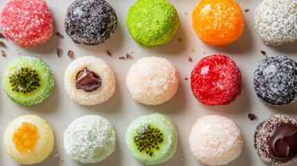 Poster - A close-up of different flavored daifuku, with vibrant colors and textures, showcasing fillings like chocolate, fruit, and matcha, against a neutral background