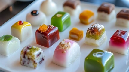 Poster - A close-up of freshly made daifuku, showcasing a variety of colorful rice cakes filled with sweet red bean paste, arranged artfully on a white plate