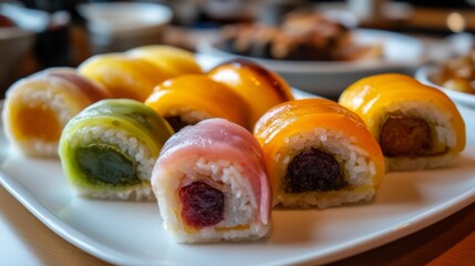 Poster - A close-up of freshly made daifuku, showcasing a variety of colorful rice cakes filled with sweet red bean paste, arranged artfully on a white plate
