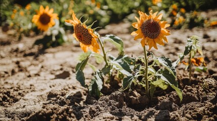 Poster - A close-up of wilting flowers and dry soil in a garden, highlighting the effects of heatwaves and drought on agriculture and plant life due to rising temperatures