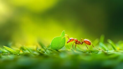 Poster - A close-up view of an ant carrying a tiny leaf, showcasing its intricate body structure and details, set against a blurred green background of grass