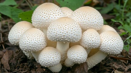 Poster - A delicate cluster of white mushrooms in a forest, with visible water droplets creating a glistening effect against the dark, earthy tones