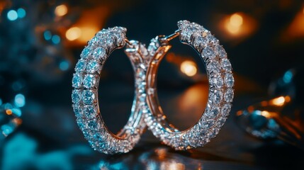 Poster - A detailed macro shot of a pair of vintage-inspired diamond hoop earrings, showcasing intricate metalwork and brilliant stones against a dark background
