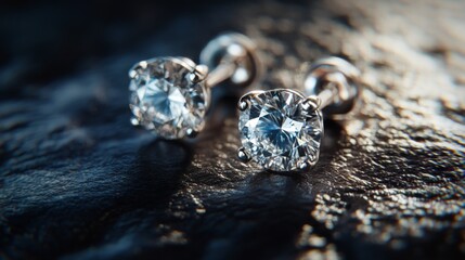 Leinwandbilder - A detailed macro view of a pair of classic diamond earrings resting on a textured surface, with soft shadows enhancing the depth and dimension