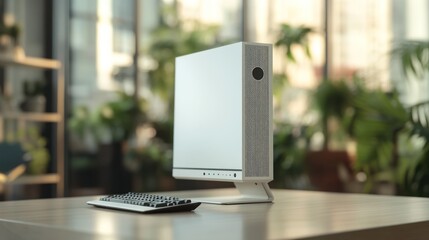 Poster - Modern all-in-one computer on desk, office background