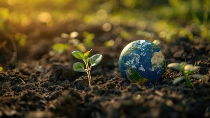 Abstract picture of globe with sprout plant on soil represent safety of world by human living sustainable life use friendly energy to save earth. Concept of eco environment and green business. AIG53.