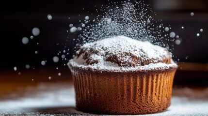 Poster - A dramatic shot of a chocolate souffl rising in the oven, with a rich brown color and a dusting of powdered sugar on top, emphasizing its airy texture