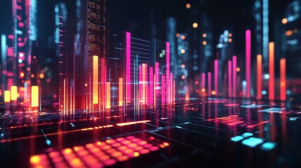 Aufkleber - A dynamic D bar chart with translucent bars in different heights, hovering over a futuristic financial dashboard with glowing elements