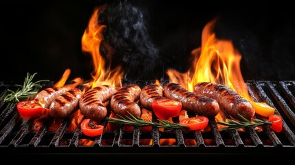 Wall Mural - A dynamic shot of sausages sizzling on a barbecue grill, with flames and smoke adding to the mouthwatering appeal of outdoor cooking and summertime gatherings