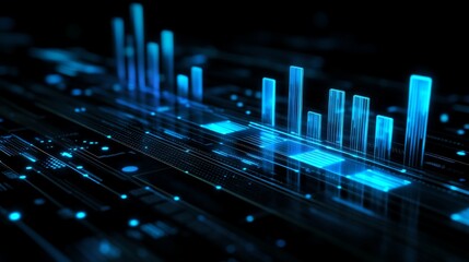 Poster - A financial bar chart with translucent bars in ascending order, placed on a dark, sleek background with glowing data points floating around