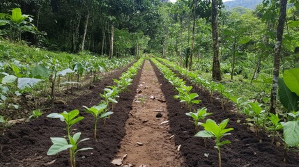 Poster - A forest path lined with young saplings, freshly planted in orderly rows, highlighting the harmony of human intervention in natural restoration