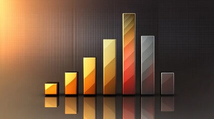 Leinwandbilder - A futuristic financial bar chart with glowing bars in metallic tones, displayed on a reflective surface with subtle digital elements in the background