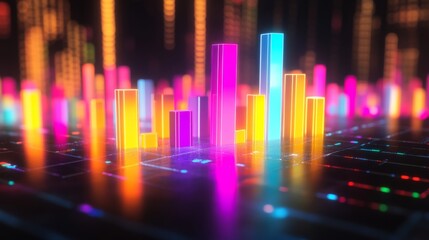 Fototapete - A high-tech D bar chart with luminous bars arranged in a smooth, upward trend, set against a dark, futuristic financial dashboard