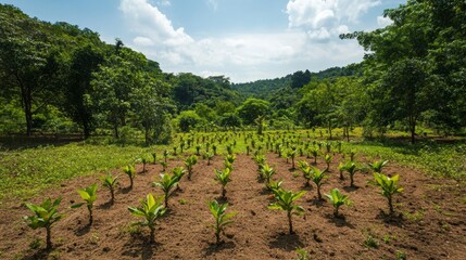 Poster - A lush forest clearing with freshly planted saplings surrounded by older trees, showcasing the progress of reforestation in a natural environment
