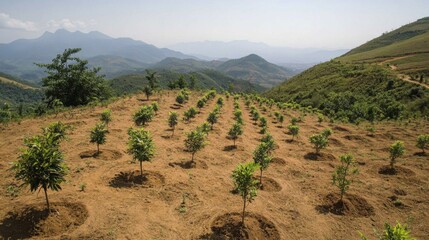Poster - A panoramic view of a hillside covered in small, newly planted trees, with mountains in the distance, showing the large-scale impact of reforestation