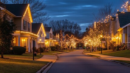 Poster - A peaceful suburban street lined with well-lit houses, decorated with string lights, creating a festive atmosphere that highlights the charm of residential neighborhoods at night
