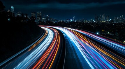 Aufkleber - A scenic view of a bustling highway at night, with streams of car lights creating vibrant trails against the dark backdrop of a city skyline, showcasing urban transportation