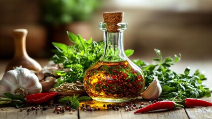 Poster - A serene image of a bottle of homemade chili oil on a wooden table, surrounded by fresh ingredients like garlic and herbs, evoking a warm and inviting kitchen vibe