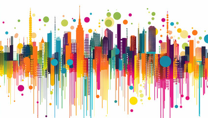 Poster - vector illustration of a cityscape made from colorful vertical bars, dots, and lines on a white background