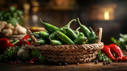 Poster - A serene image of fresh green chilies resting in a woven basket, surrounded by spices and aromatic herbs, capturing the essence of traditional cooking