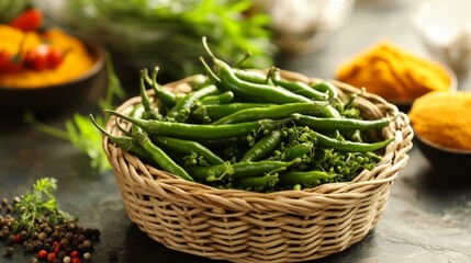 Poster - A serene image of fresh green chilies resting in a woven basket, surrounded by spices and aromatic herbs, capturing the essence of traditional cooking