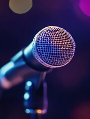 Aufkleber - Close up of a microphone designed for live performances in a vibrant and colorful setting during a musical event. Generative AI