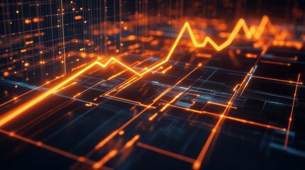 Poster - A sleek D line graph with sharp, glowing edges and a steady upward trajectory, set against a futuristic digital grid background