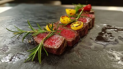 Poster - A sliced steak with a juicy pink center, neatly arranged on a dark slate plate with rosemary and grilled vegetables placed decoratively around it