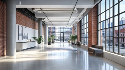 Poster - A spacious modern hallway featuring sleek design elements, large windows allowing natural light to flood in, and a stylish rug adding a pop of color