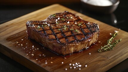 Wall Mural - A thick-cut sirloin steak, grilled to perfection, resting on a wooden board with grill marks and coarse salt sprinkled over it