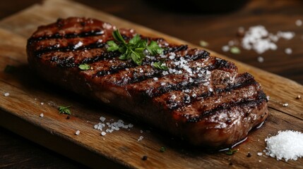 Wall Mural - A thick-cut sirloin steak, grilled to perfection, resting on a wooden board with grill marks and coarse salt sprinkled over it