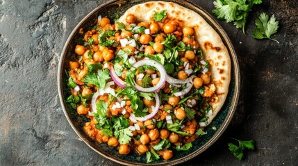 Poster - A top-down view of a vibrant plate of chole bhature, featuring spicy chickpeas served with deep-fried bread, garnished with onion slices and fresh herbs