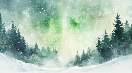 Leinwandbilder - Snowy forest landscape with northern lights glowing above during winter night. Generative AI