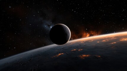 Wall Mural - in this breathtaking cosmic view, a distant planet is silhouetted against the backdrop of stars and 