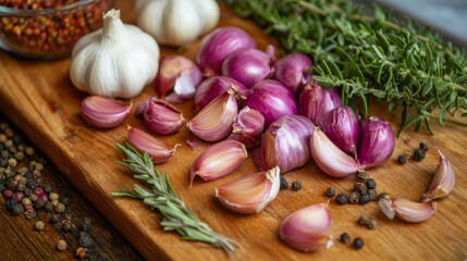 Poster - A vibrant arrangement of shallots and garlic on a wooden cutting board, with herbs and spices scattered around, creating an inviting kitchen atmosphere
